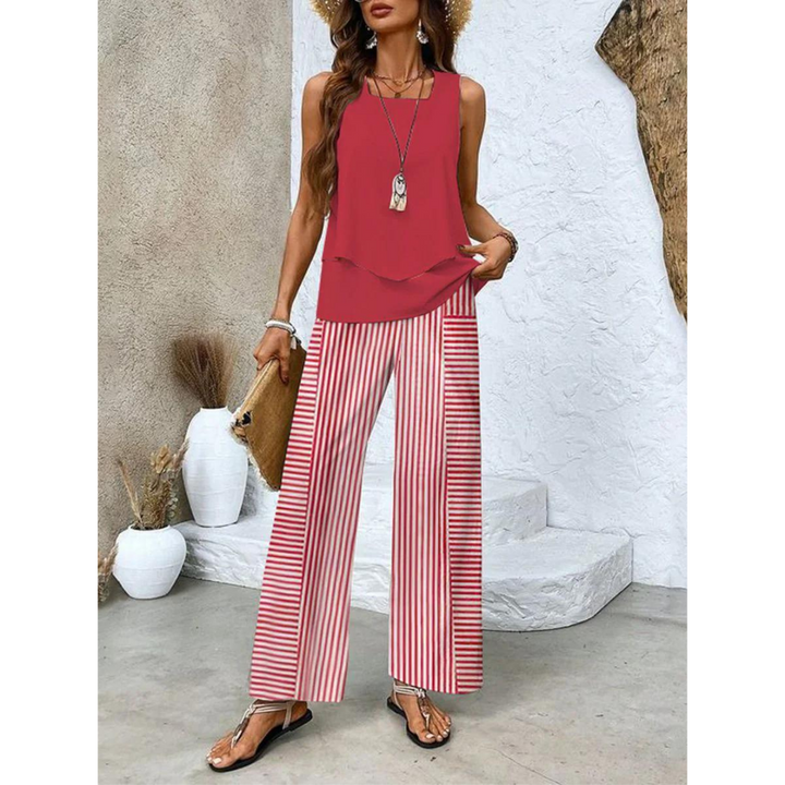 Vrouwen Co ord Set Met Gelaagde Top En Wijde Pantalon