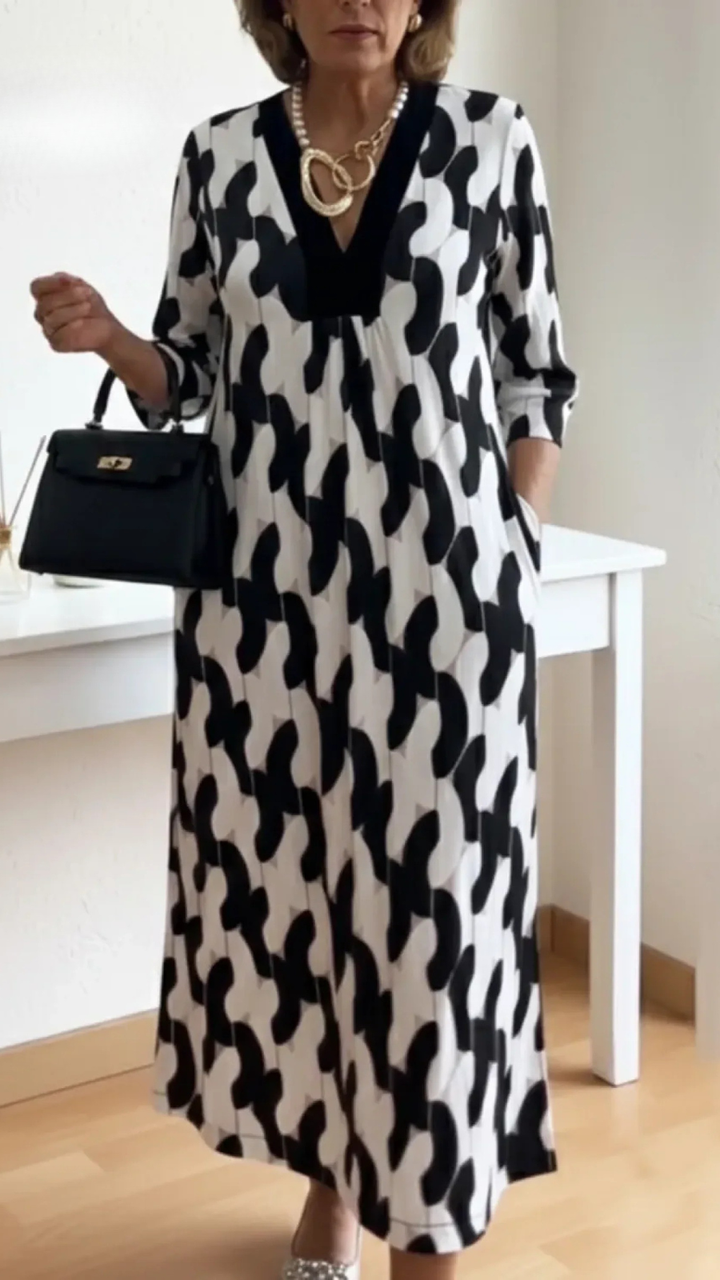 Elegante Maxi Jurk Met V-Hals En 3/4 Mouwen Voor Vrouwen