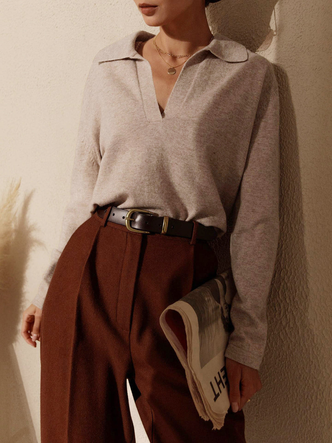 Dames Gebreide Sweater Met Collared V-neck Pasvorm