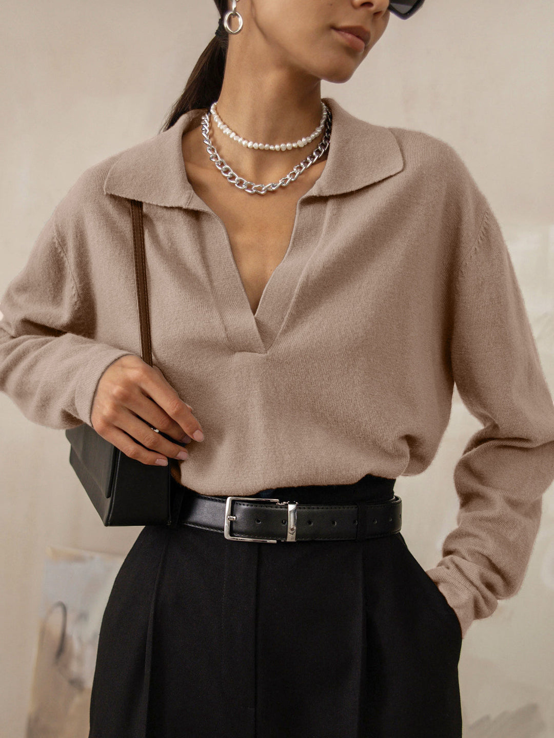 Dames Gebreide Sweater Met Collared V-neck Pasvorm