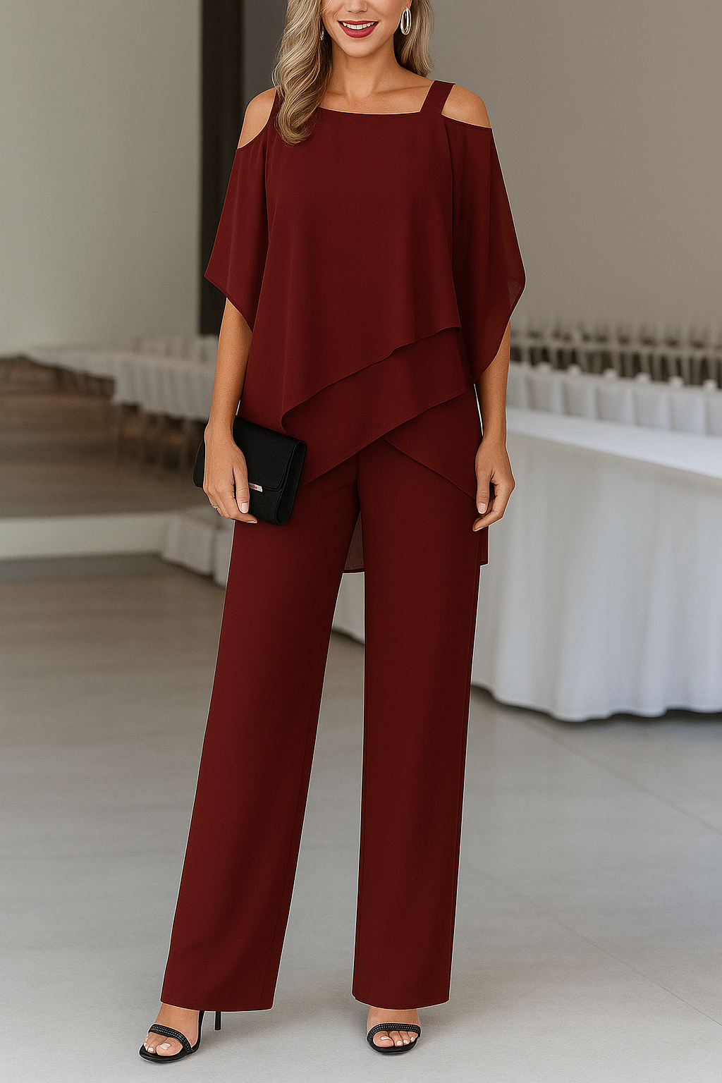 Elegante Luchtige Dames Set Met Off Shoulder Top En Wijde Broek