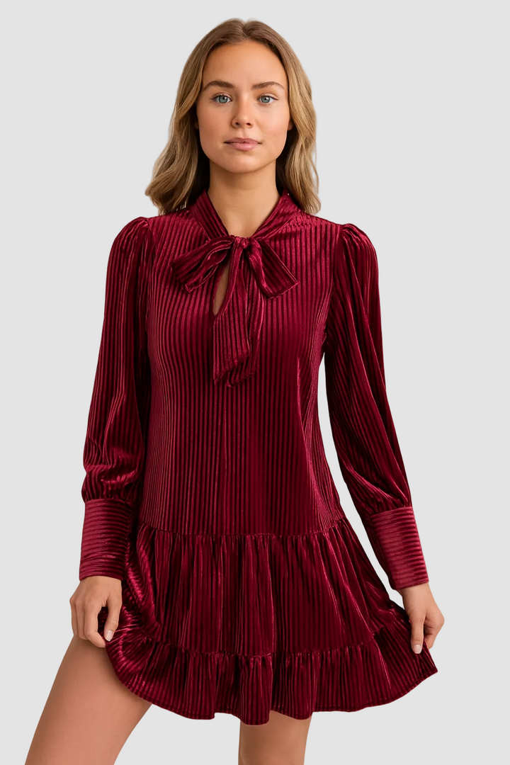 Elegante Velvet Minijurk met Lange Mouwen en Strikdetail voor Dames
