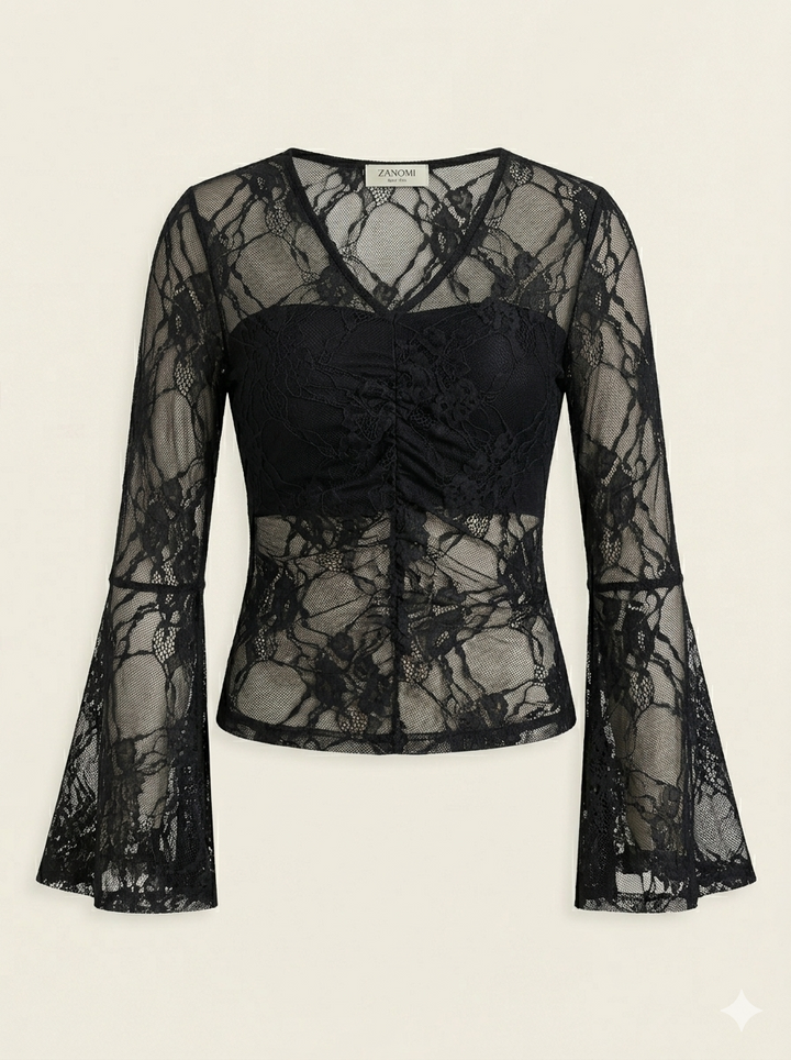 Kanten Shirt Voor Dames Met Bloemenprint En V-hals