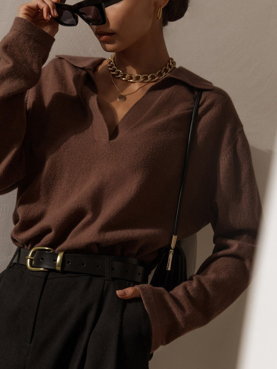 Dames Gebreide Sweater Met Collared V-neck Pasvorm