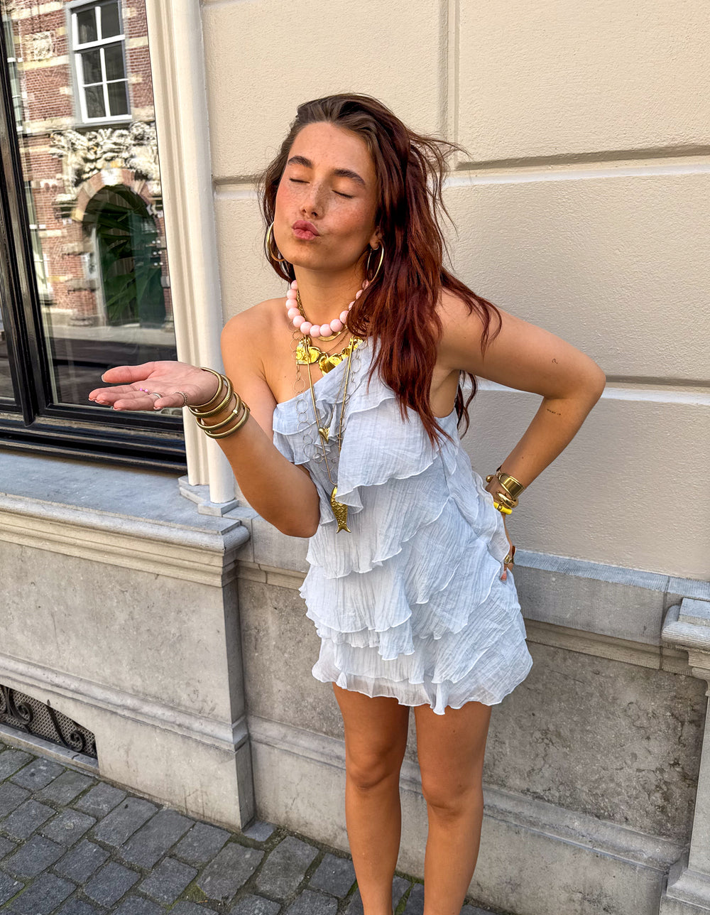 Mini Jurk Dames Ruches Asymmetrisch Schouderband Casual Zomer