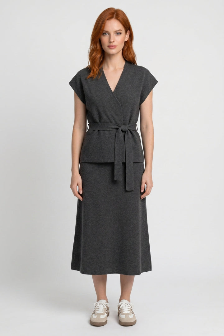 Dames Set Vest Midi Rok Strikceintuur Casual Semi-Formeel