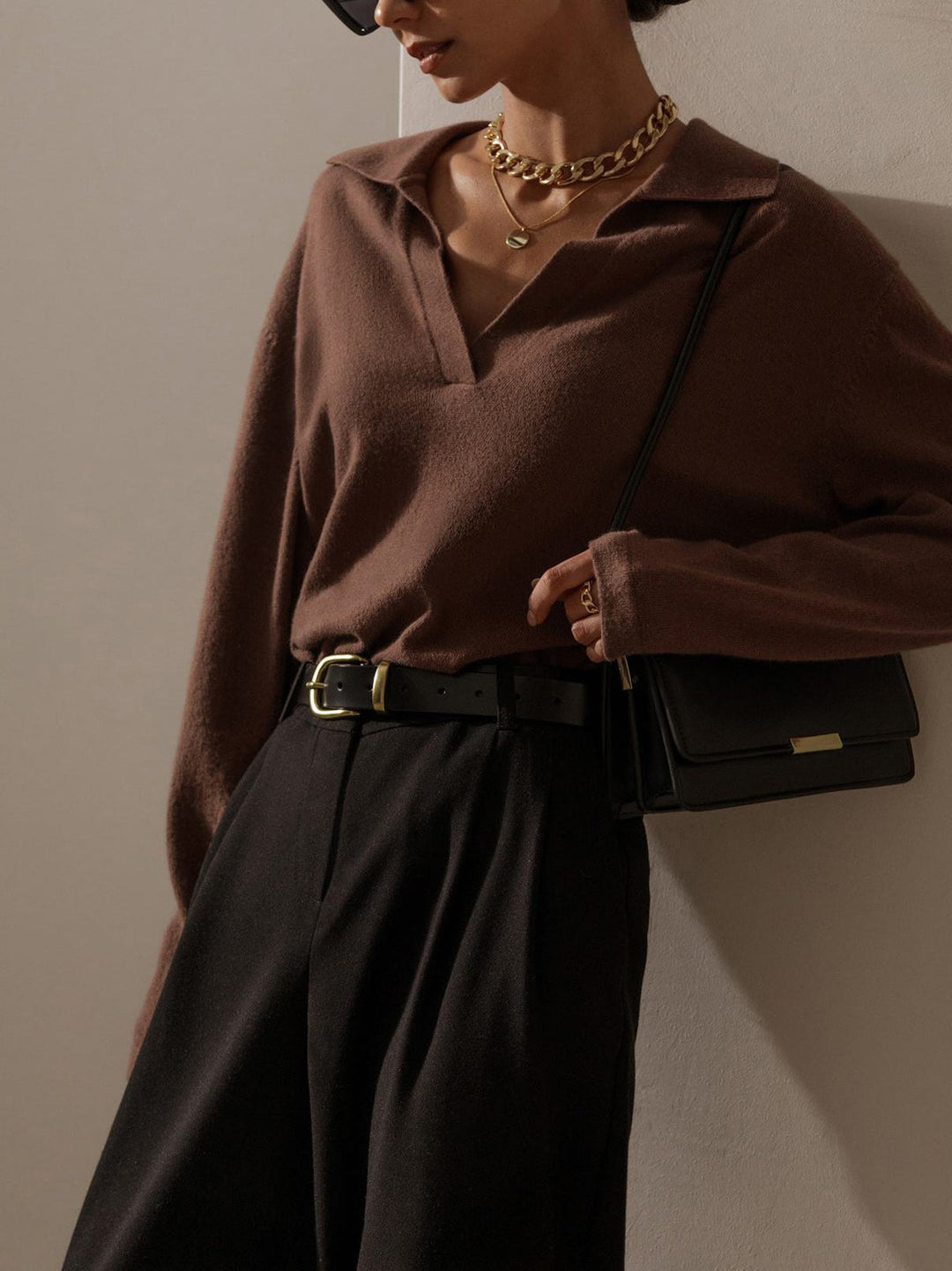 Dames Gebreide Sweater Met Collared V-neck Pasvorm