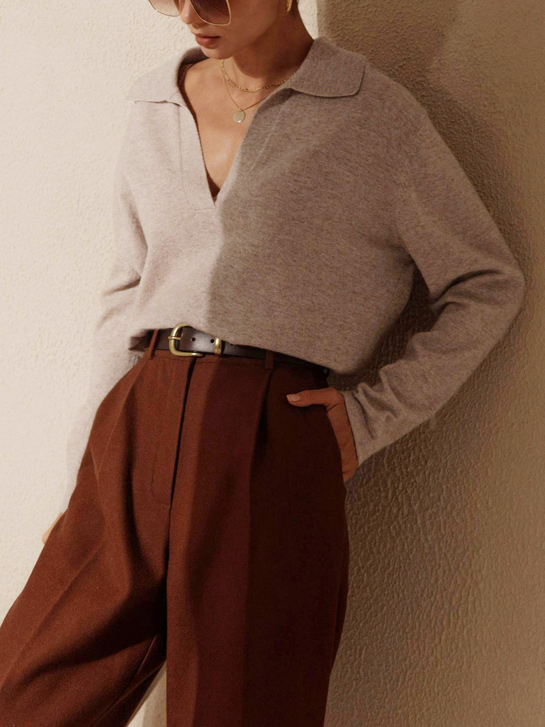 Dames Gebreide Sweater Met Collared V-neck Pasvorm