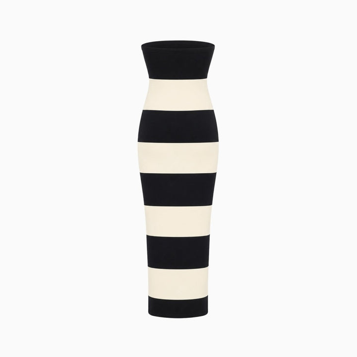 Gestreepte Maxi Jurk Dames Strapless Zwart Crème