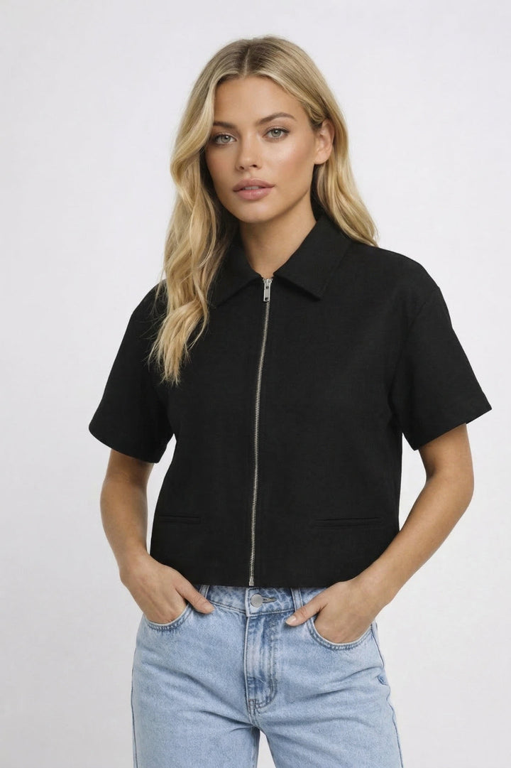 Kort Jasje Dames Cropped Rits Revers Casual Chic