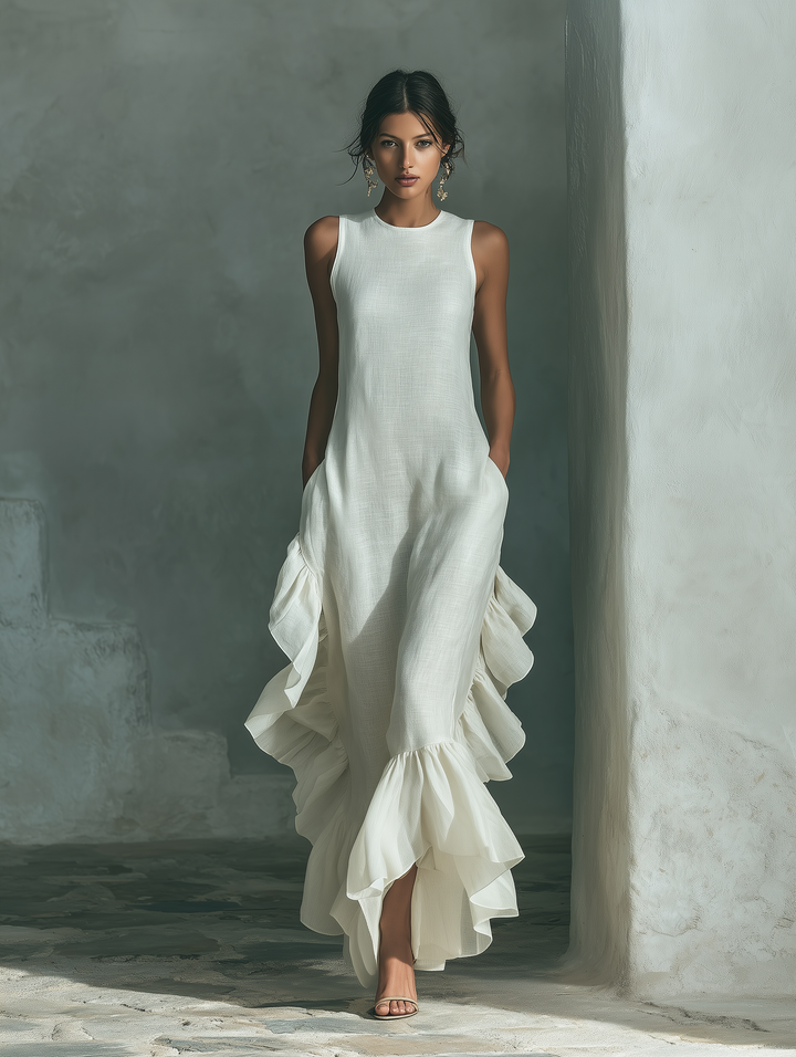 Maxi Jurk Dames Linnen Ronde Hals Ruches Asymmetrisch