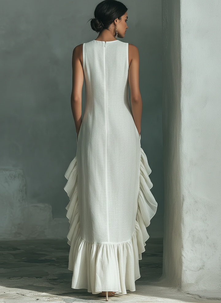 Maxi Jurk Dames Linnen Ronde Hals Ruches Asymmetrisch