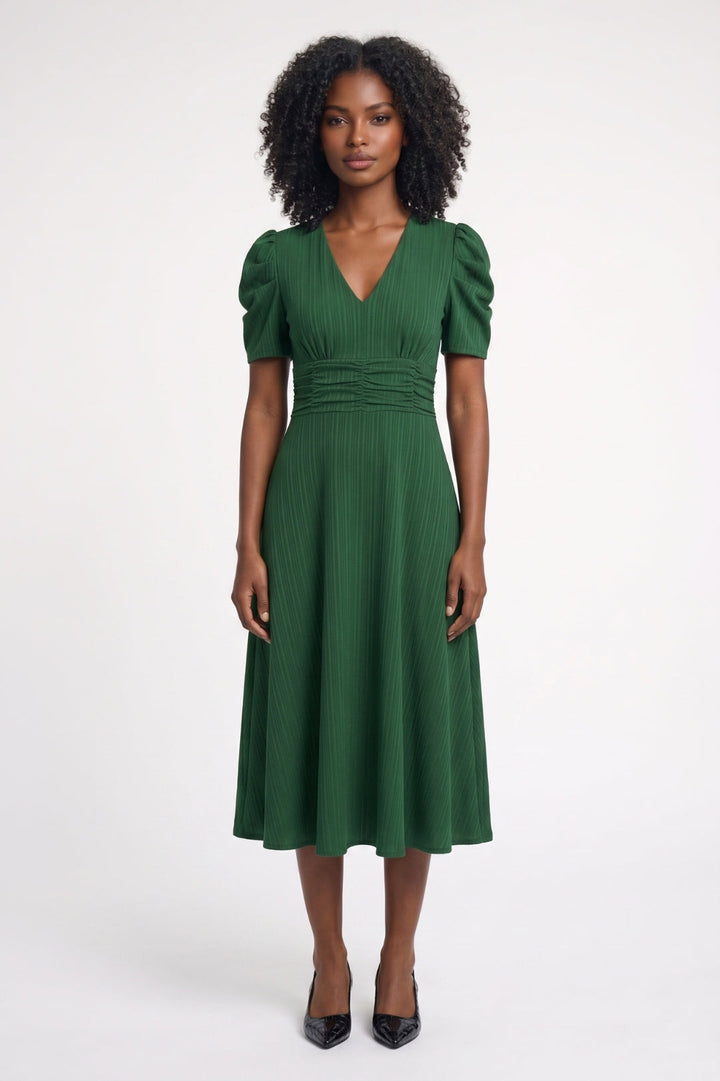 Midi Jurk Dames Getailleerd V-hals Pofmouwen Elastische Taille