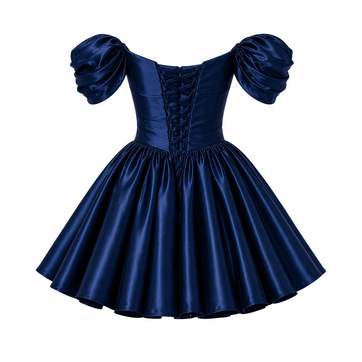 Mini Jurk Dames Satijn Off Shoulder Puff Mouwen