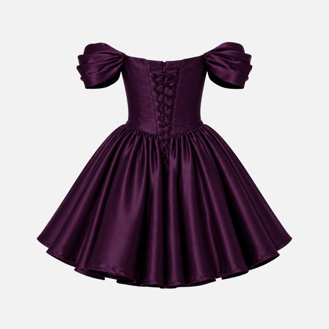 Mini Jurk Dames Satijn Off Shoulder Puff Mouwen