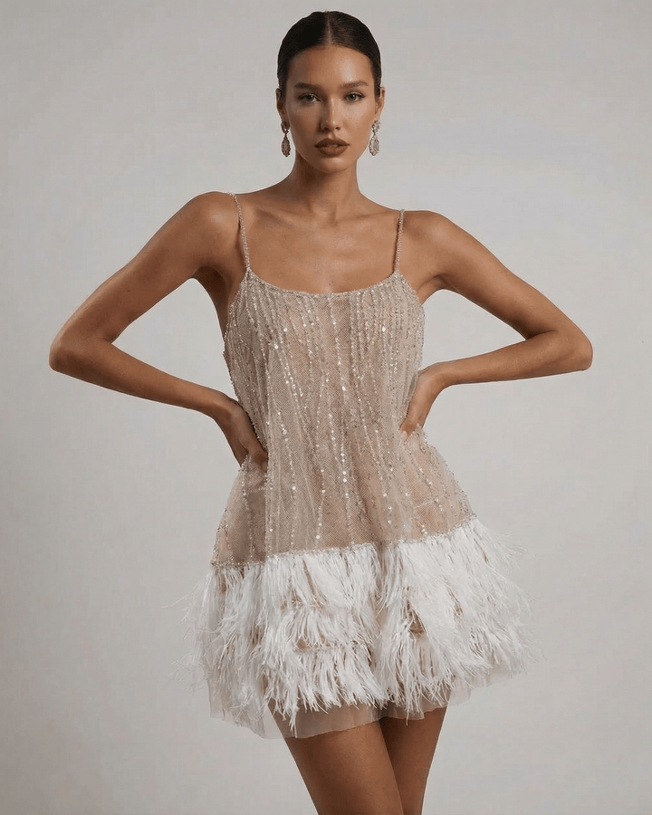 Mini Jurk Dames Sequin Tulle Elegante Feather Detail Feestelijk