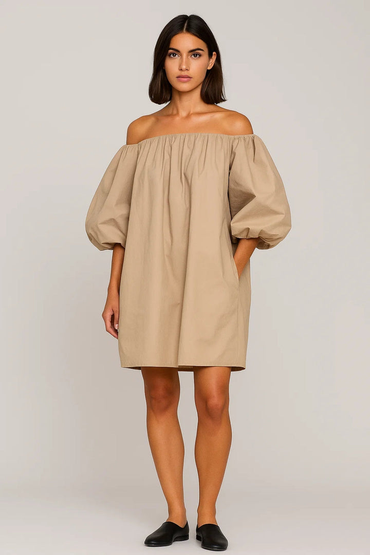 Off Shoulder Mini Jurk Dames Beige Zomer Casual