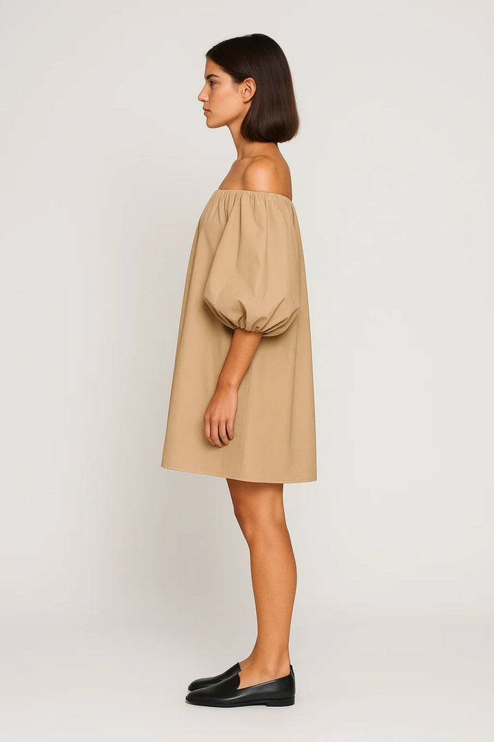 Off Shoulder Mini Jurk Dames Beige Zomer Casual