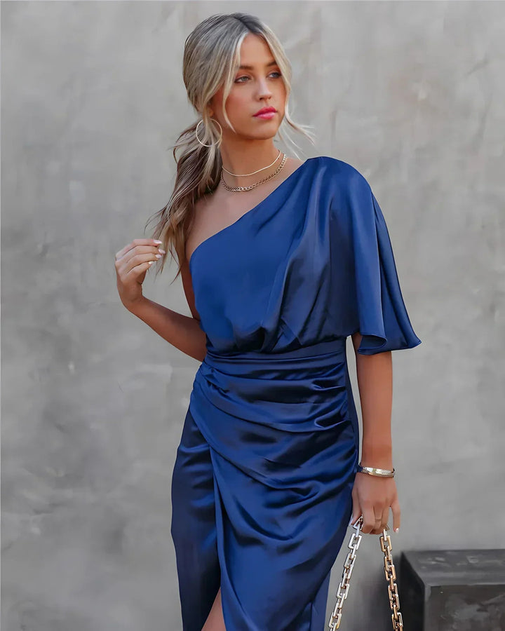 Off-Shoulder Satijnen Midi-Jurk Dames Gedrapeerde Taille