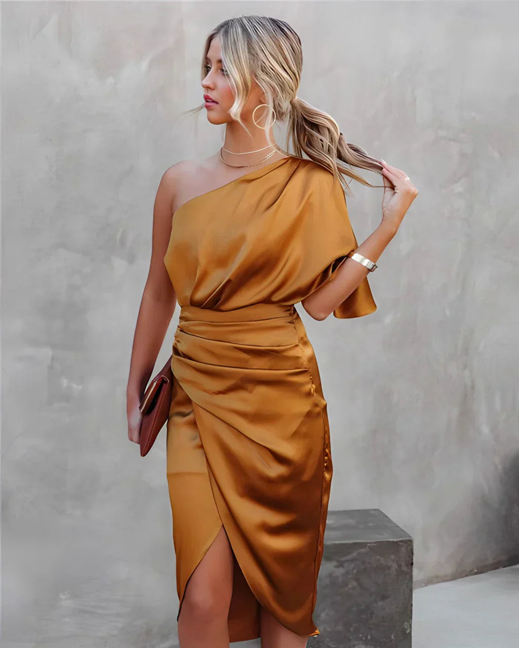 Off-Shoulder Satijnen Midi-Jurk Dames Gedrapeerde Taille