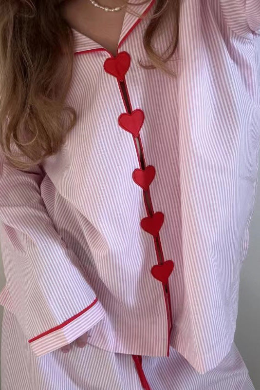 Pyjama Set Dames Tweedelig Hartjes Knoopjes Elastische Taille