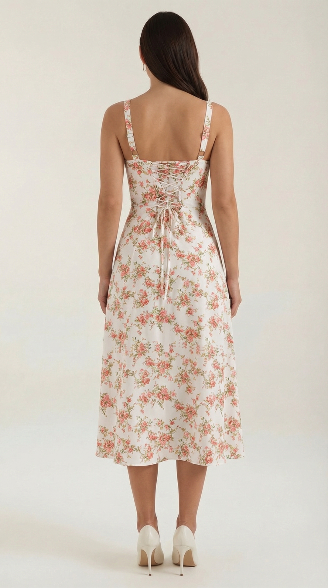 Midi-jurk dames A-lijn vintage bloemenprint hartvormige hals verstelbare rug