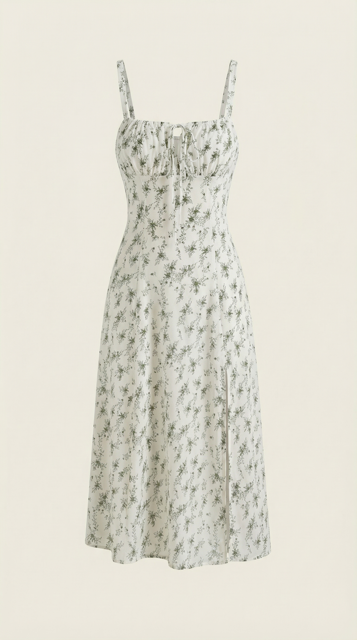 Midi-jurk dames A-lijn vintage bloemenprint hartvormige hals verstelbare rug