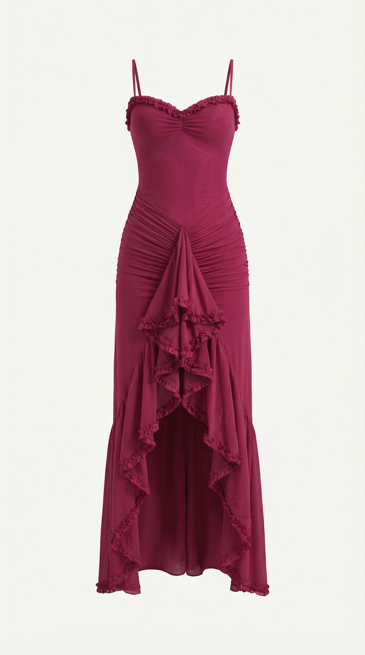 Maxi-jurk dames hartvormige hals ruches asymmetrische zoom spaghettibandjes