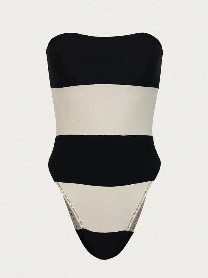 Schouderloze Jumpsuit Dames Hoge Beenuitsnijding Contraststrepen