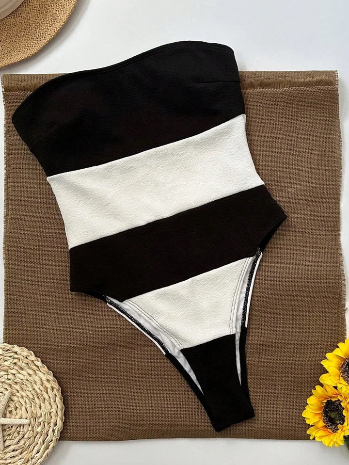 Schouderloze Jumpsuit Dames Hoge Beenuitsnijding Contraststrepen