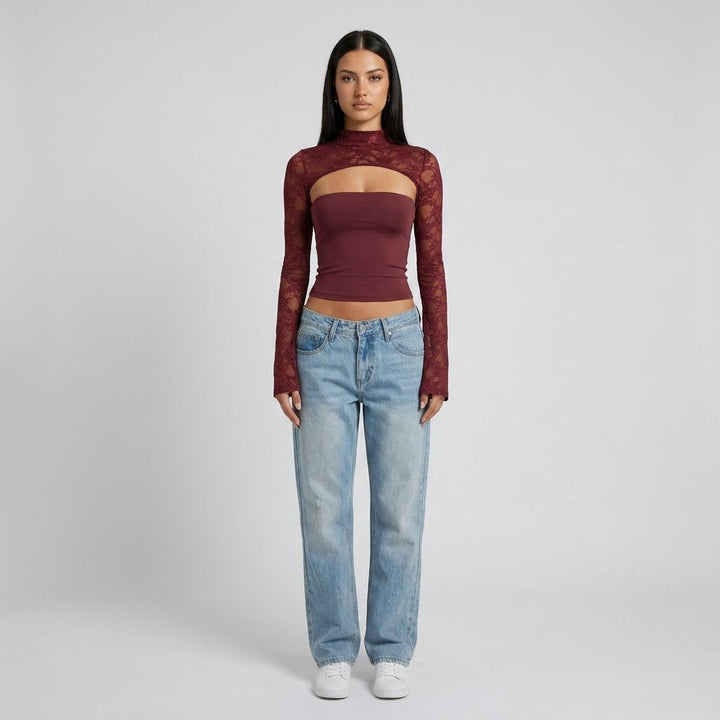 Top Dames Kant Cutout Mock Neck Flare Mouwen