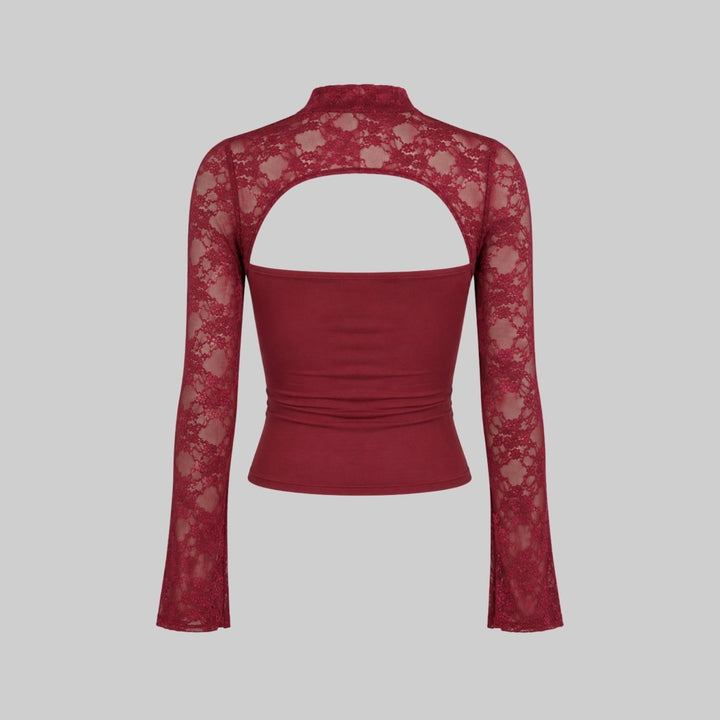 Top Dames Kant Cutout Mock Neck Flare Mouwen