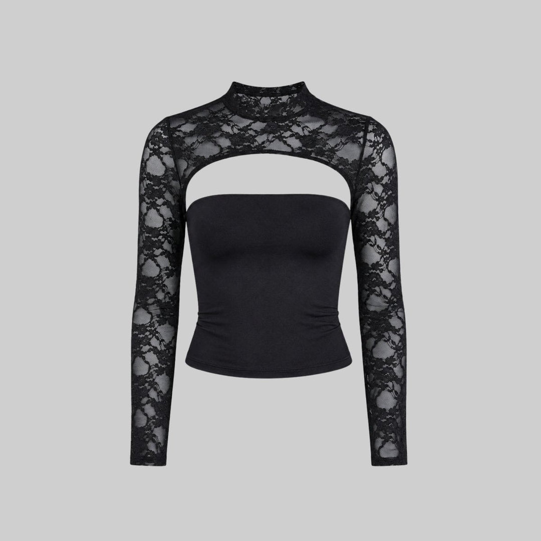 Top Dames Kant Cutout Mock Neck Flare Mouwen