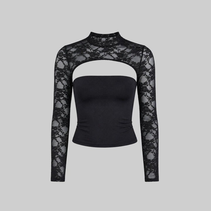 Top Dames Kant Cutout Mock Neck Flare Mouwen